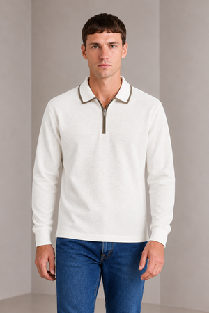 Men’s White Popcorn Textured Pre-Winter Polo T-Shirt – Regular Fit Full Sleeve Half-Zip