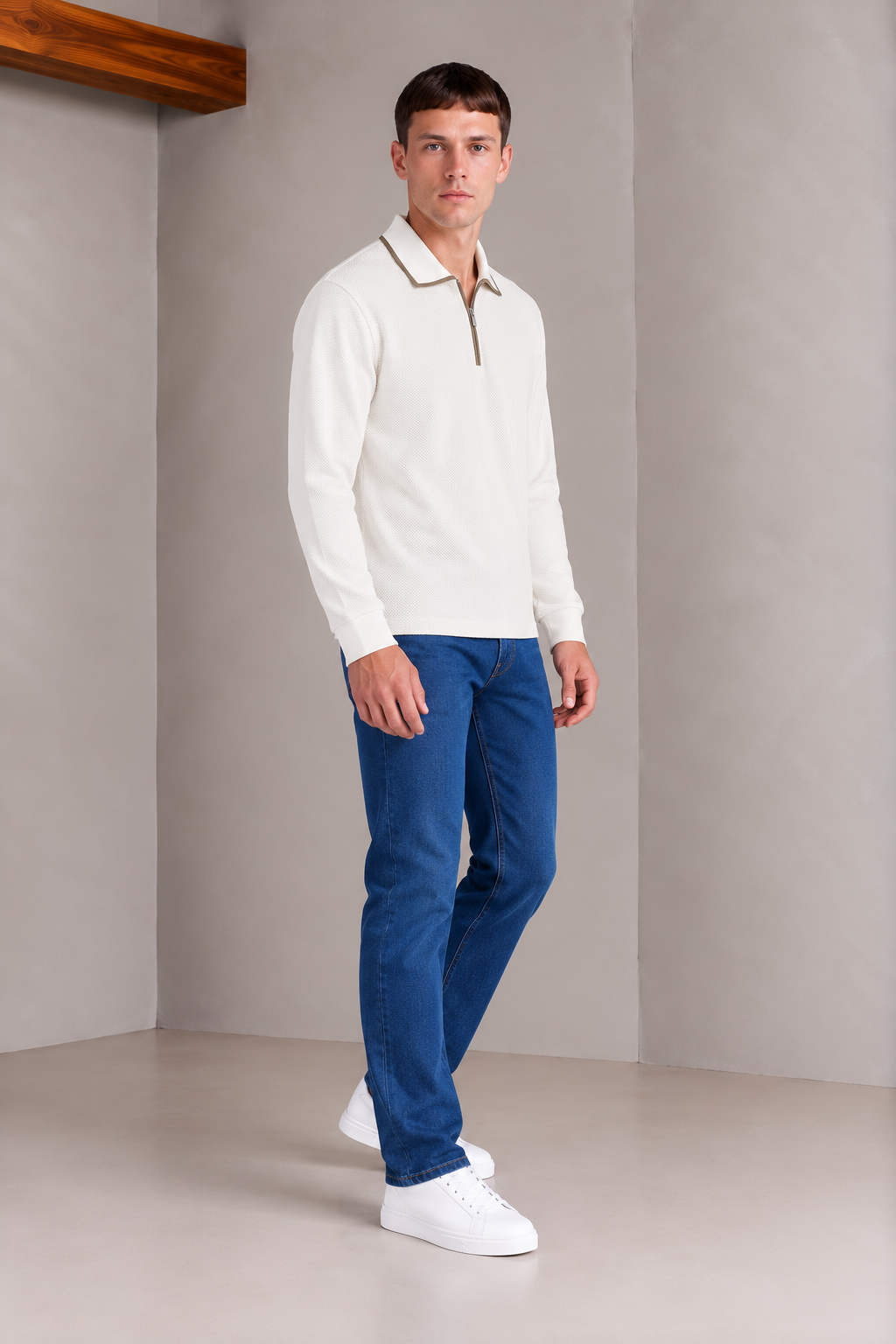 Men’s White Popcorn Textured Pre-Winter Polo T-Shirt – Regular Fit Full Sleeve Half-Zip