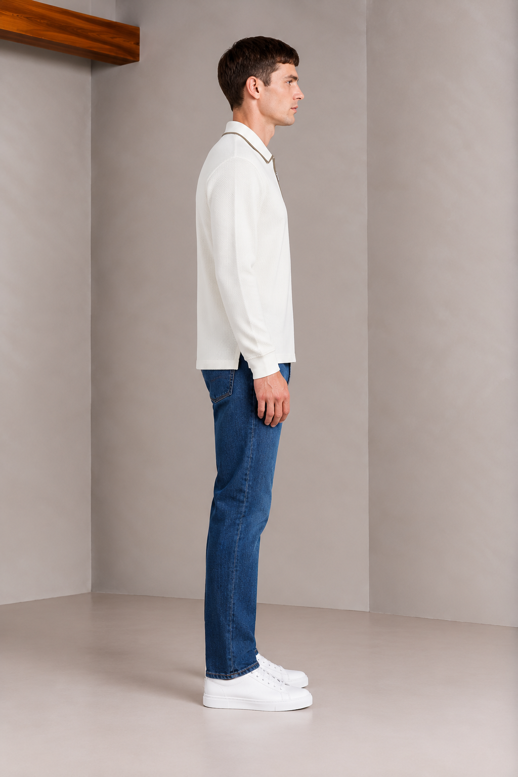 Men’s White Popcorn Textured Pre-Winter Polo T-Shirt – Regular Fit Full Sleeve Half-Zip