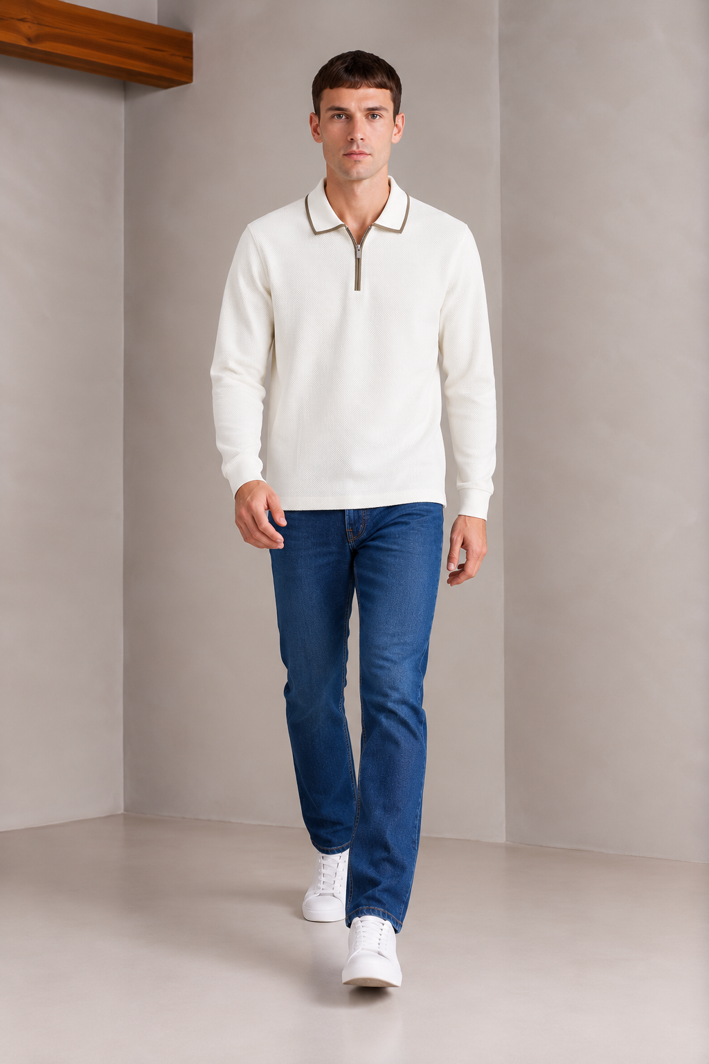 Men’s White Popcorn Textured Pre-Winter Polo T-Shirt – Regular Fit Full Sleeve Half-Zip
