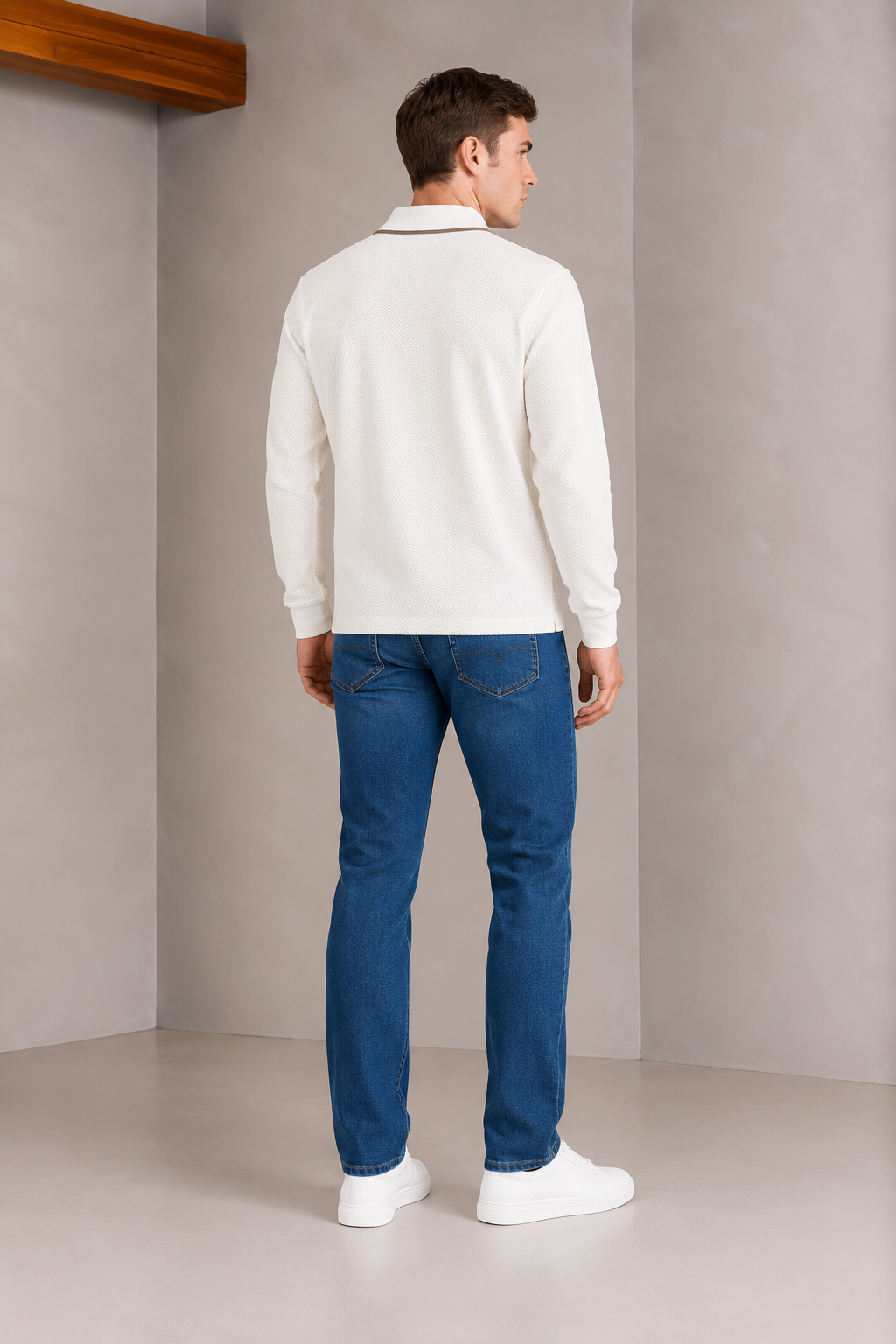 Men’s White Popcorn Textured Pre-Winter Polo T-Shirt – Regular Fit Full Sleeve Half-Zip