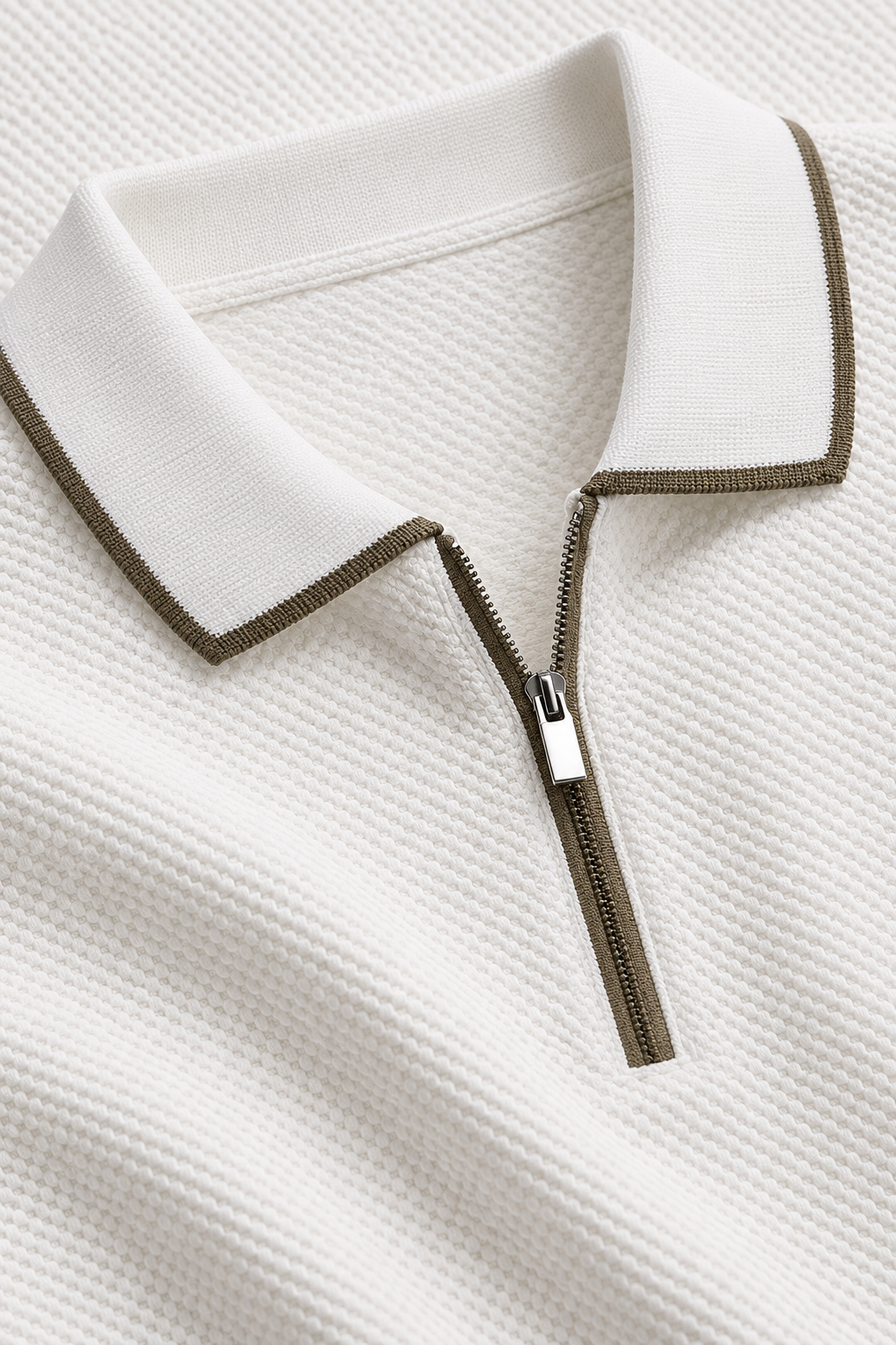 Men’s White Popcorn Textured Pre-Winter Polo T-Shirt – Regular Fit Full Sleeve Half-Zip