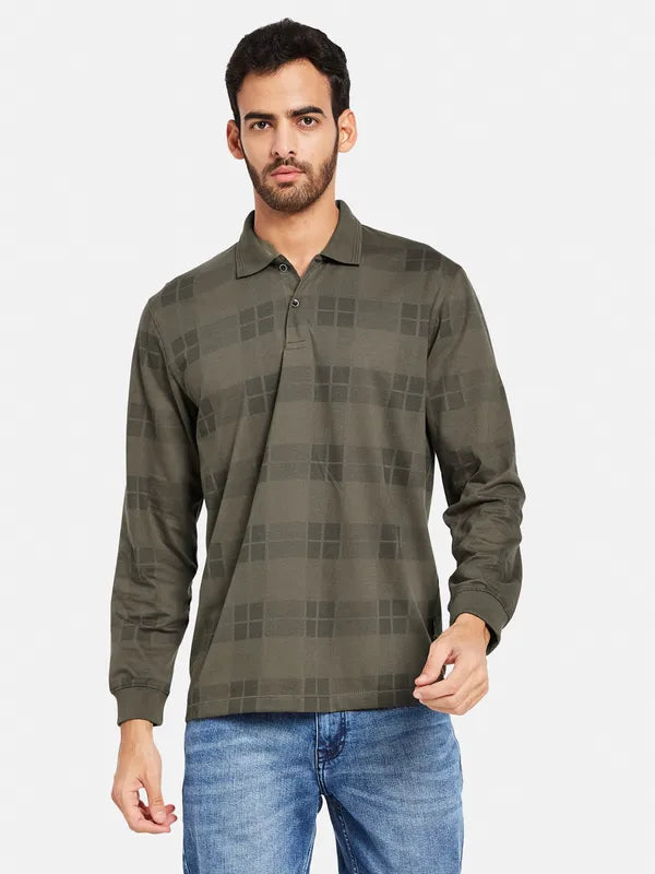 Mettle Men Olive Green Checked High Neck Applique T-Shirt