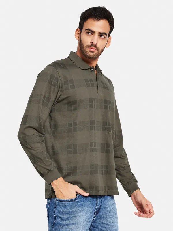 Mettle Men Olive Green Checked High Neck Applique T-Shirt