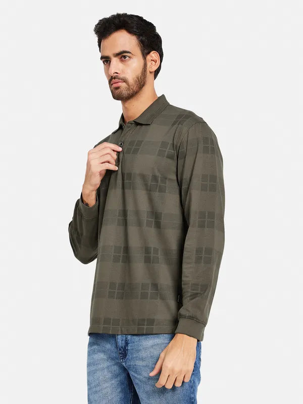 Mettle Men Olive Green Checked High Neck Applique T-Shirt