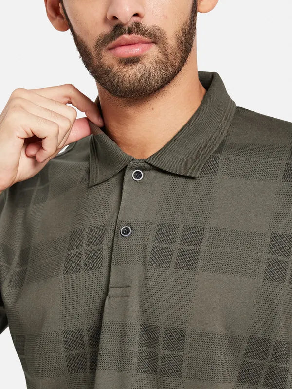 Mettle Men Olive Green Checked High Neck Applique T-Shirt