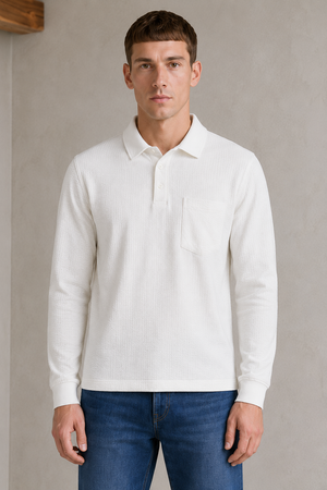 Men’s Off White Seer Sucker Polo Collar Pre-Winter T-Shirt – Regular Fit Full Sleeve Textured Tee