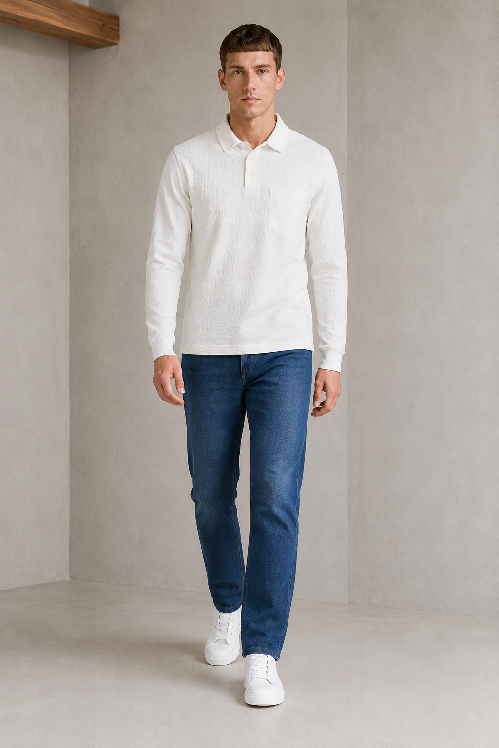 Men’s Off White Seer Sucker Polo Collar Pre-Winter T-Shirt – Regular Fit Full Sleeve Textured Tee