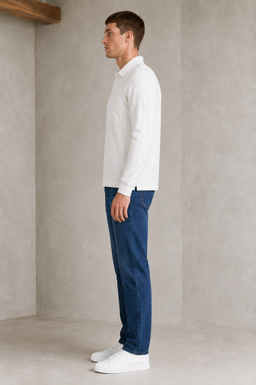 Men’s Off White Seer Sucker Polo Collar Pre-Winter T-Shirt – Regular Fit Full Sleeve Textured Tee