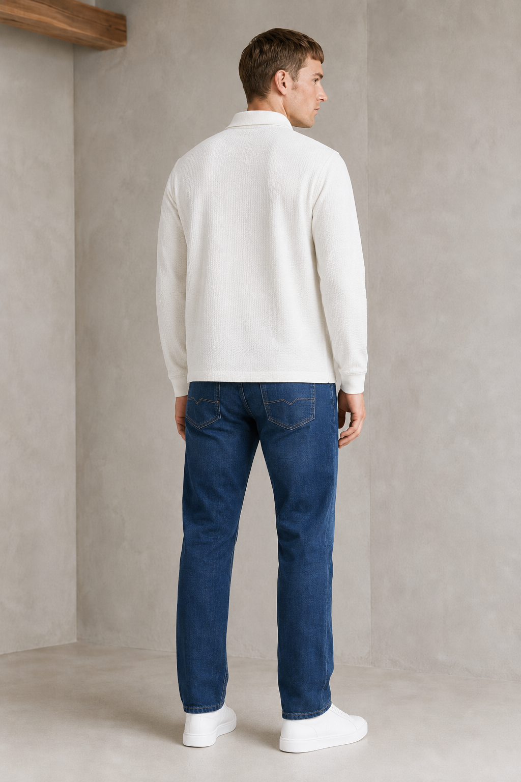 Men’s Off White Seer Sucker Polo Collar Pre-Winter T-Shirt – Regular Fit Full Sleeve Textured Tee
