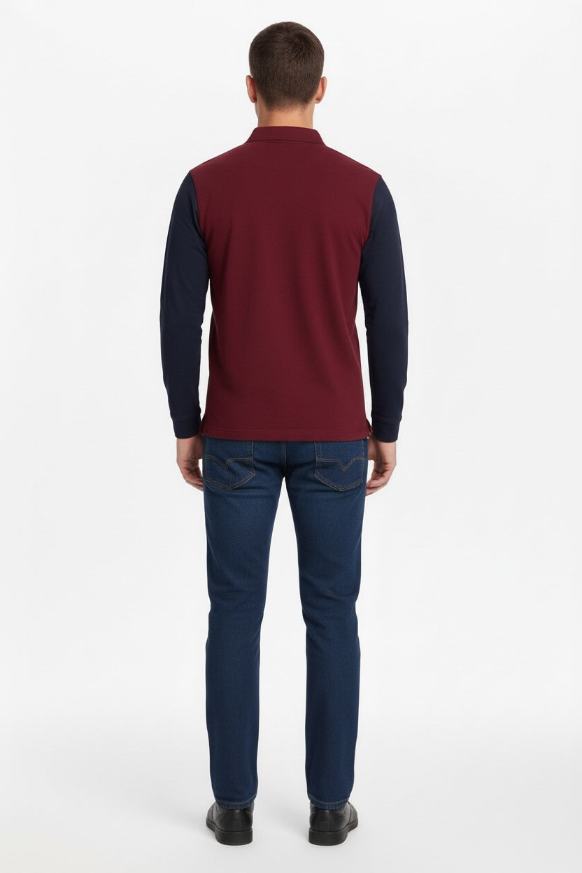 Men Merlot Brand Logo Colourblocked Polo Collar T-shirt