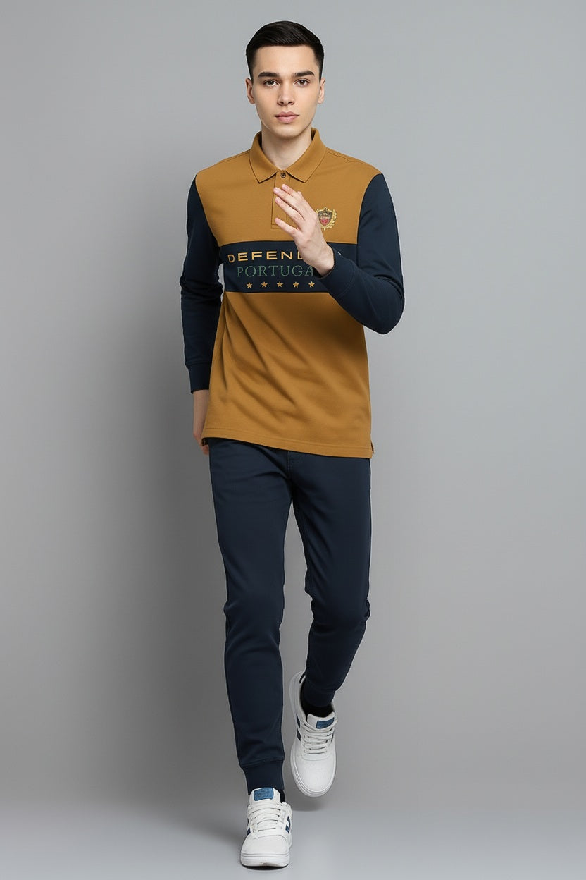 Men Wheat Colourblocked Polo Collar T-shirt