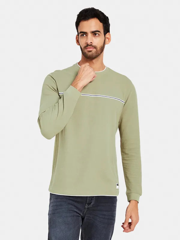 Mettle Men Olive Green Striped V-Neck Raw Edge T-Shirt