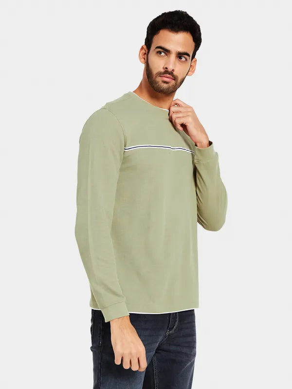 Mettle Men Olive Green Striped V-Neck Raw Edge T-Shirt