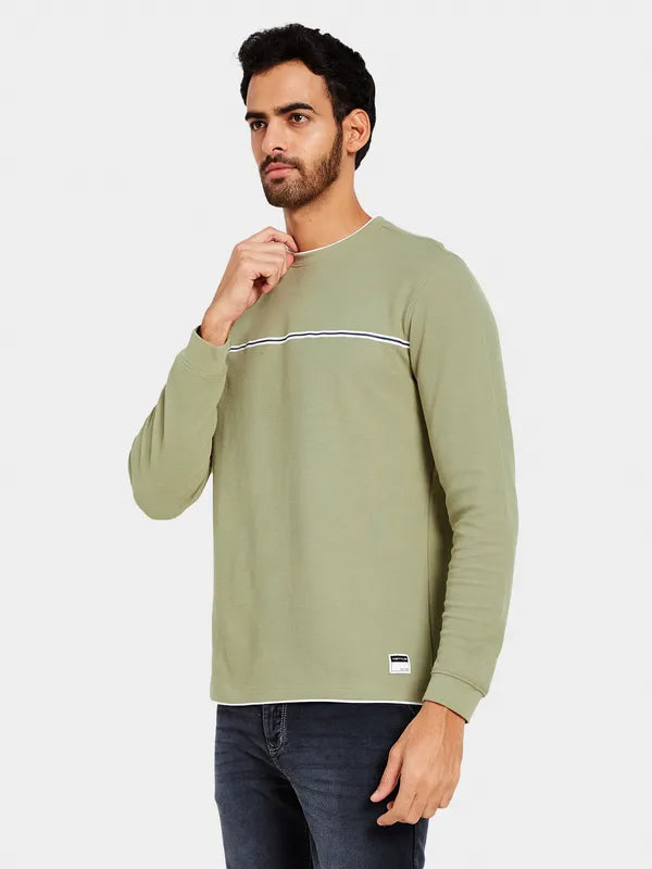 Mettle Men Olive Green Striped V-Neck Raw Edge T-Shirt