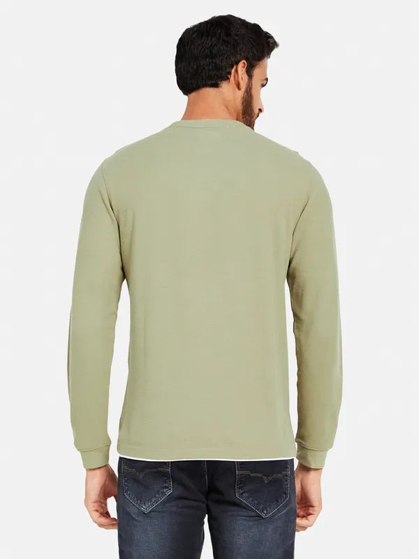 Mettle Men Olive Green Striped V-Neck Raw Edge T-Shirt