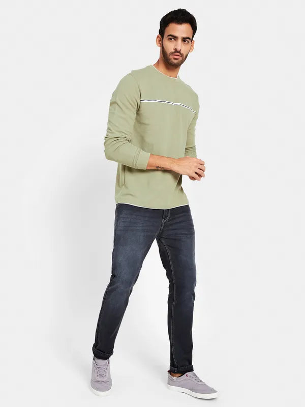 Mettle Men Olive Green Striped V-Neck Raw Edge T-Shirt