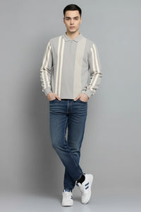 Men Silver Striped Polo Collar T-shirt