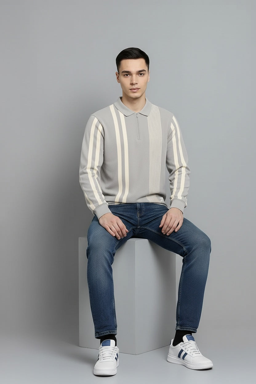 Men Silver Striped Polo Collar T-shirt