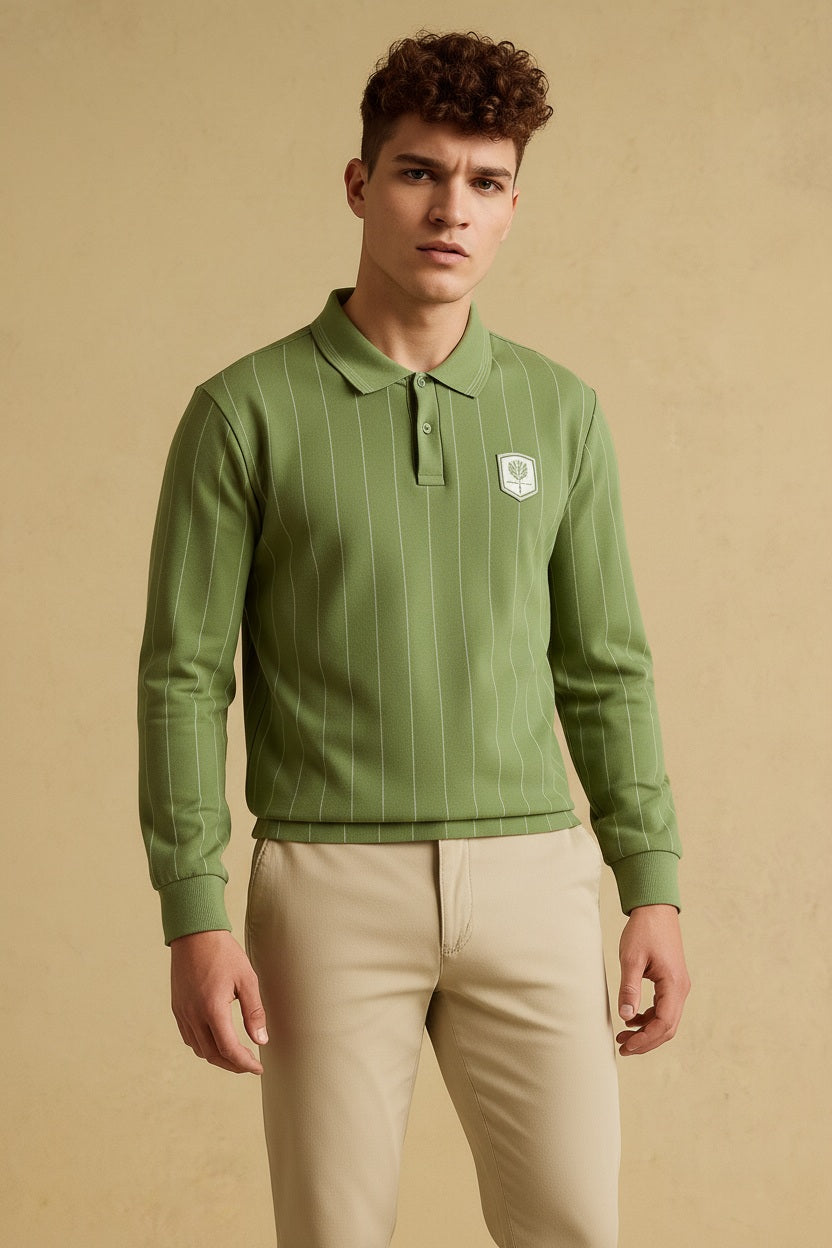 Men Oil Green Striped Polo Collar T-shirt