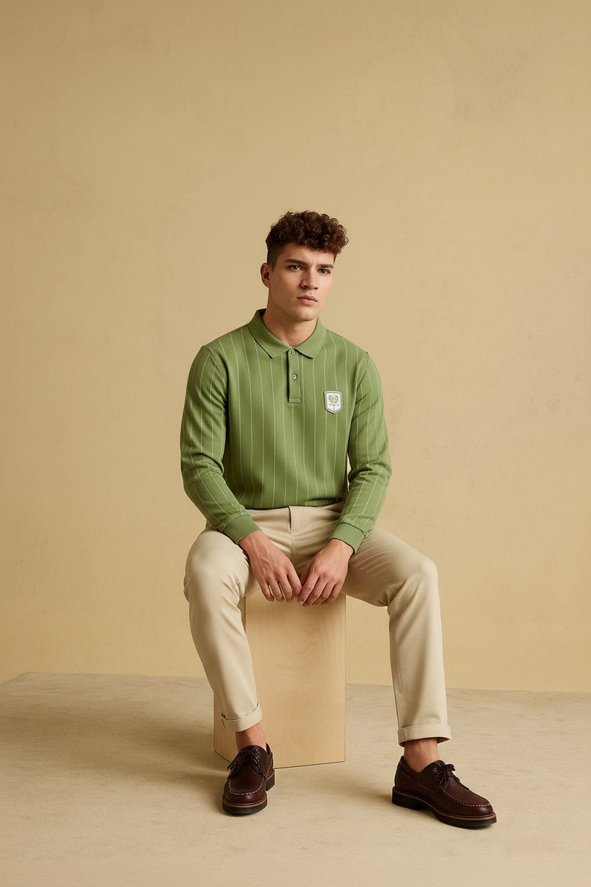 Men Oil Green Striped Polo Collar T-shirt