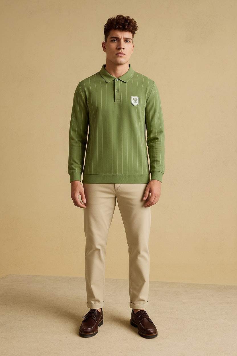 Men Oil Green Striped Polo Collar T-shirt