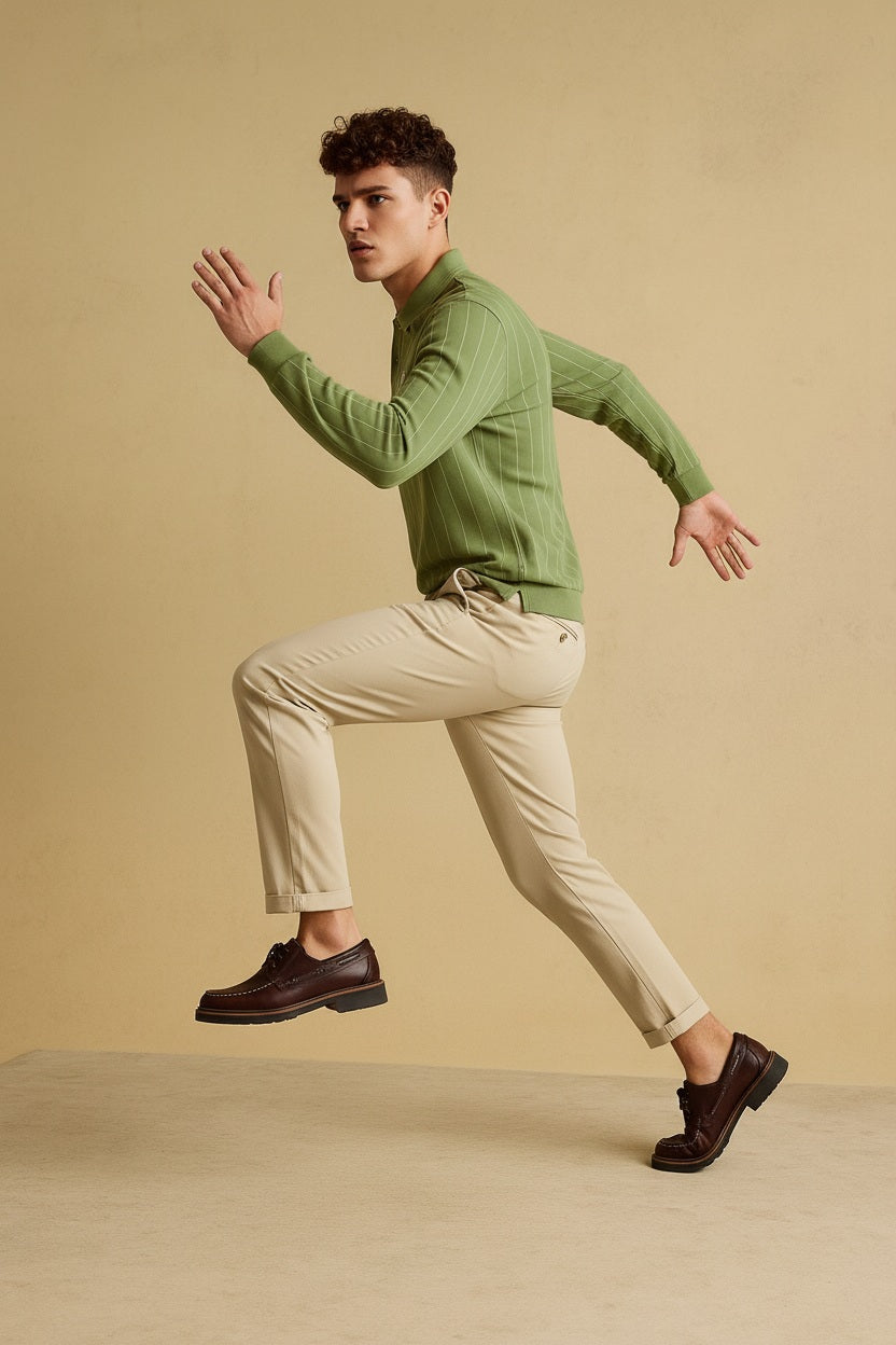 Men Oil Green Striped Polo Collar T-shirt