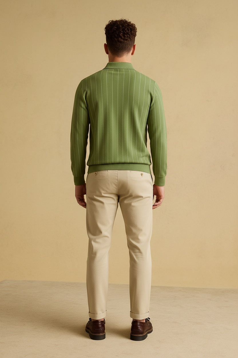 Men Oil Green Striped Polo Collar T-shirt