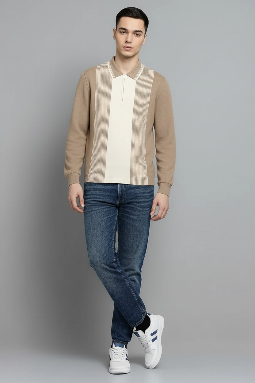Men Stone Colourblocked Polo Collar T-shirt
