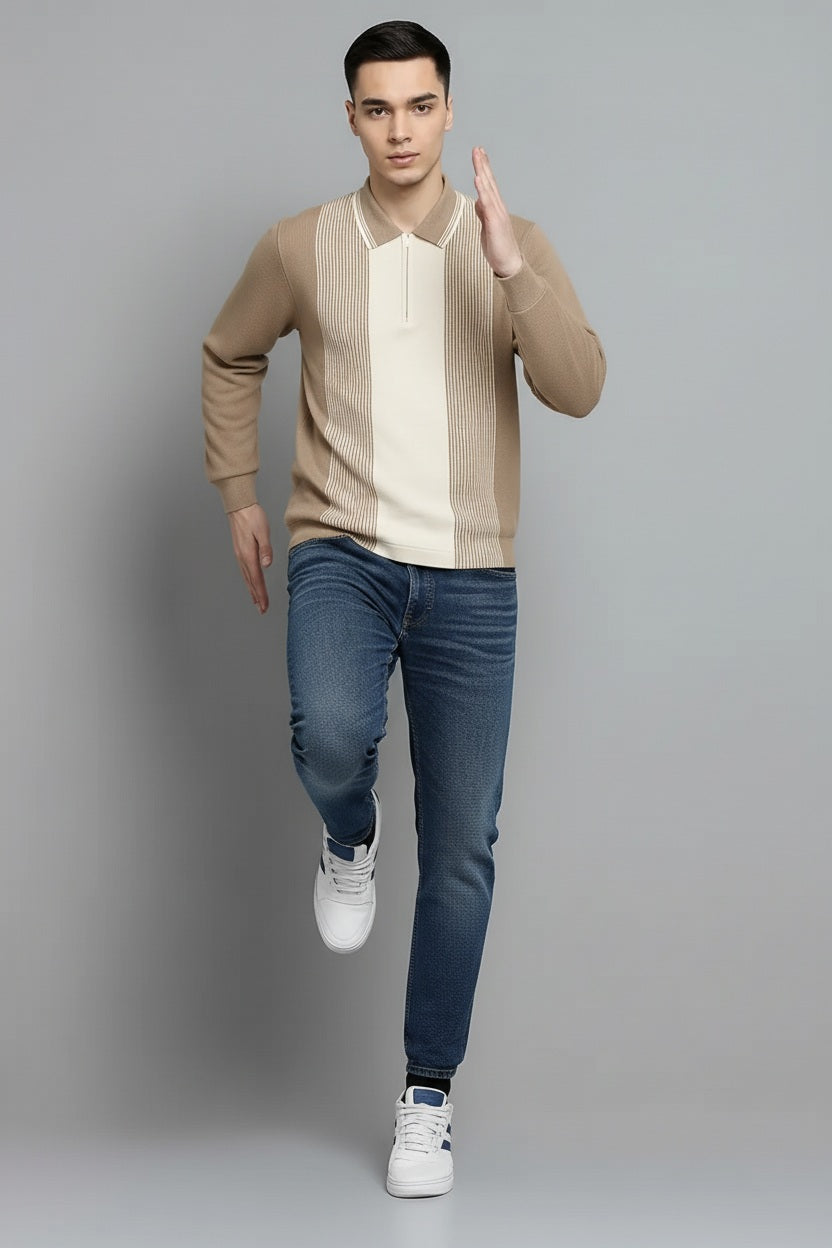 Men Stone Colourblocked Polo Collar T-shirt