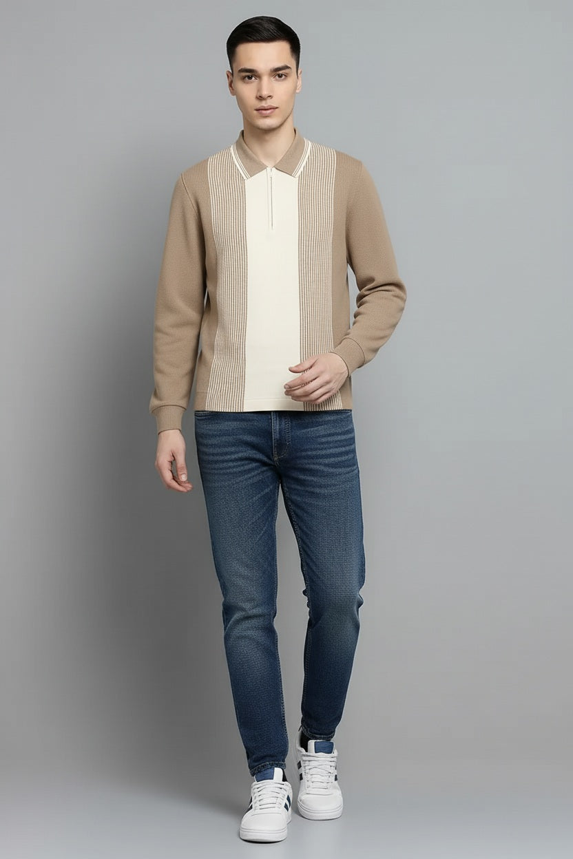 Men Stone Colourblocked Polo Collar T-shirt
