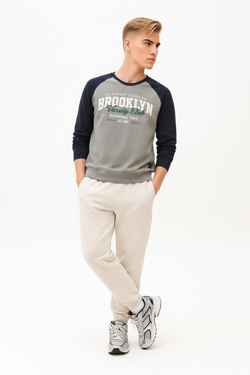 Men Grey Melange Typography Colourblocked Round Neck  T-shirt