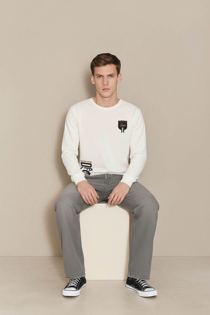 Men White Typography Printed Round Neck T-shirt