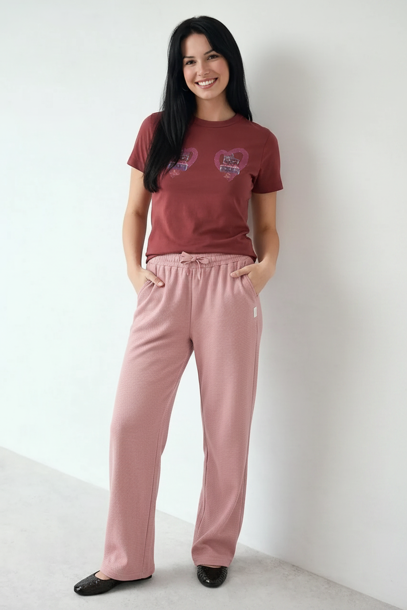 Women Suede Pink Regular Fit Textured Track Pants