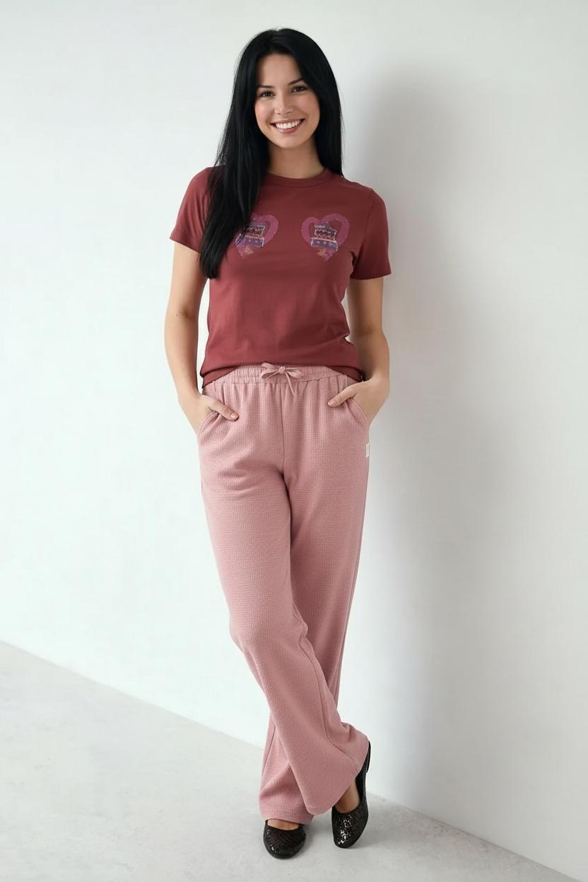 Women Suede Pink Regular Fit Textured Track Pants