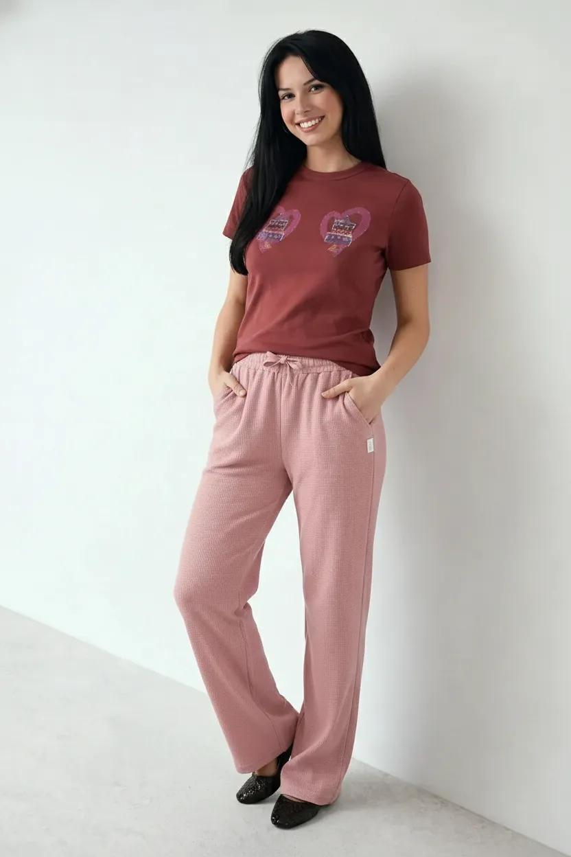 Women Suede Pink Regular Fit Textured Track Pants