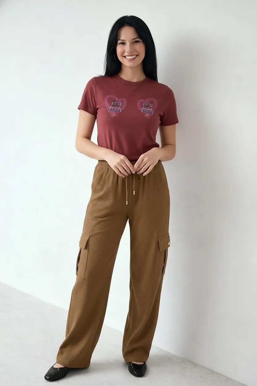 Women Mocha Cotton Regular Fit Textured Cargos