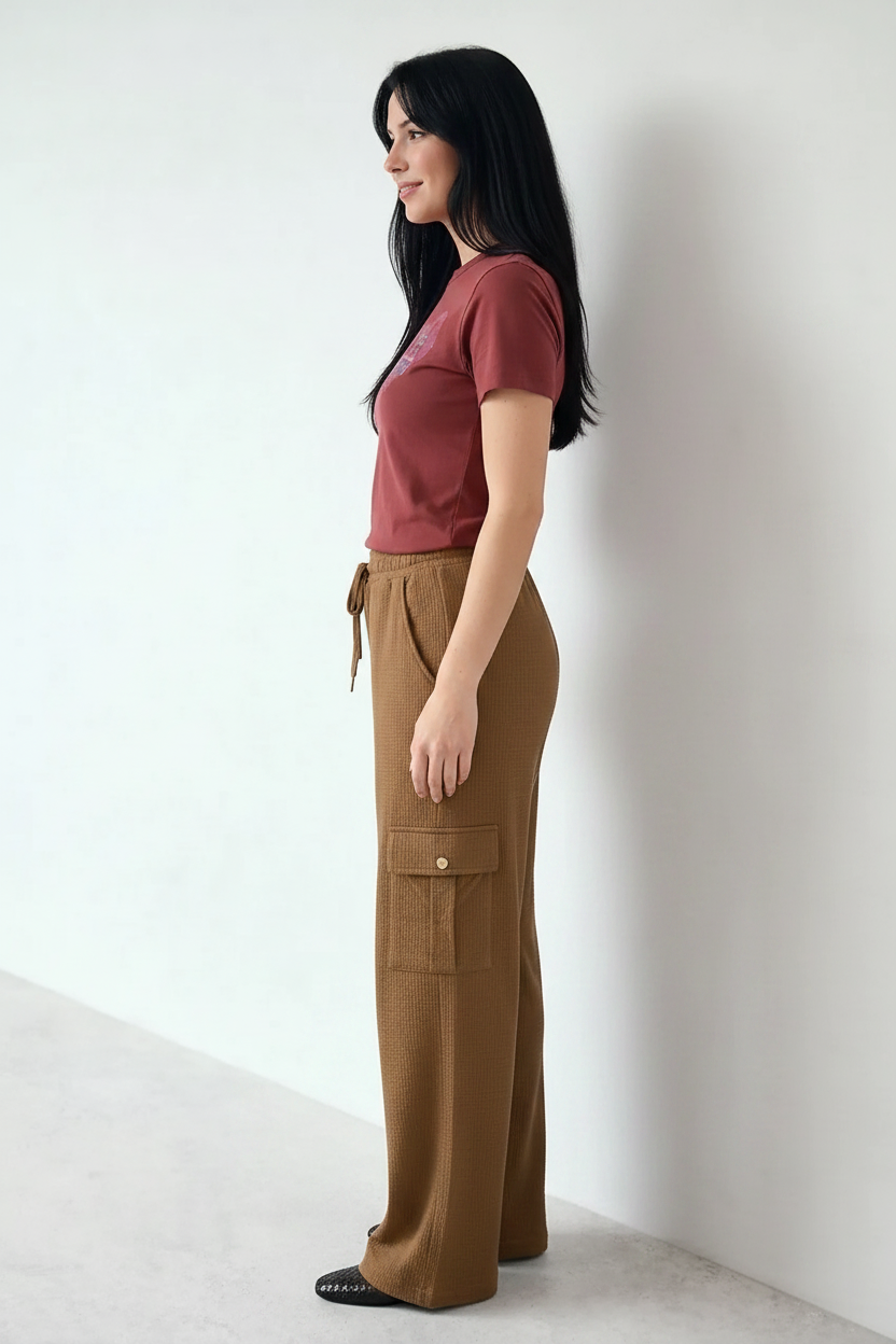 Women Mocha Cotton Regular Fit Textured Cargos