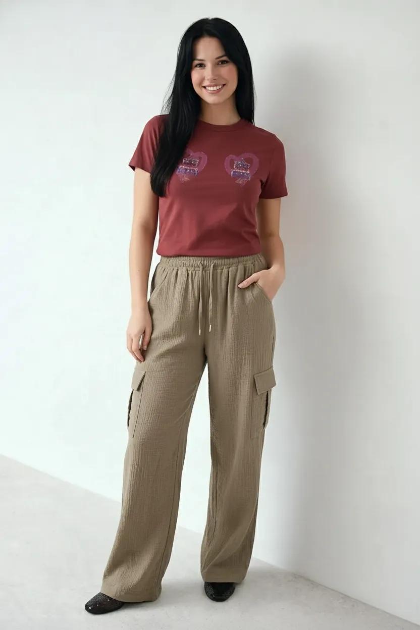 Women Sand Cotton Regular Fit Textured Cargos