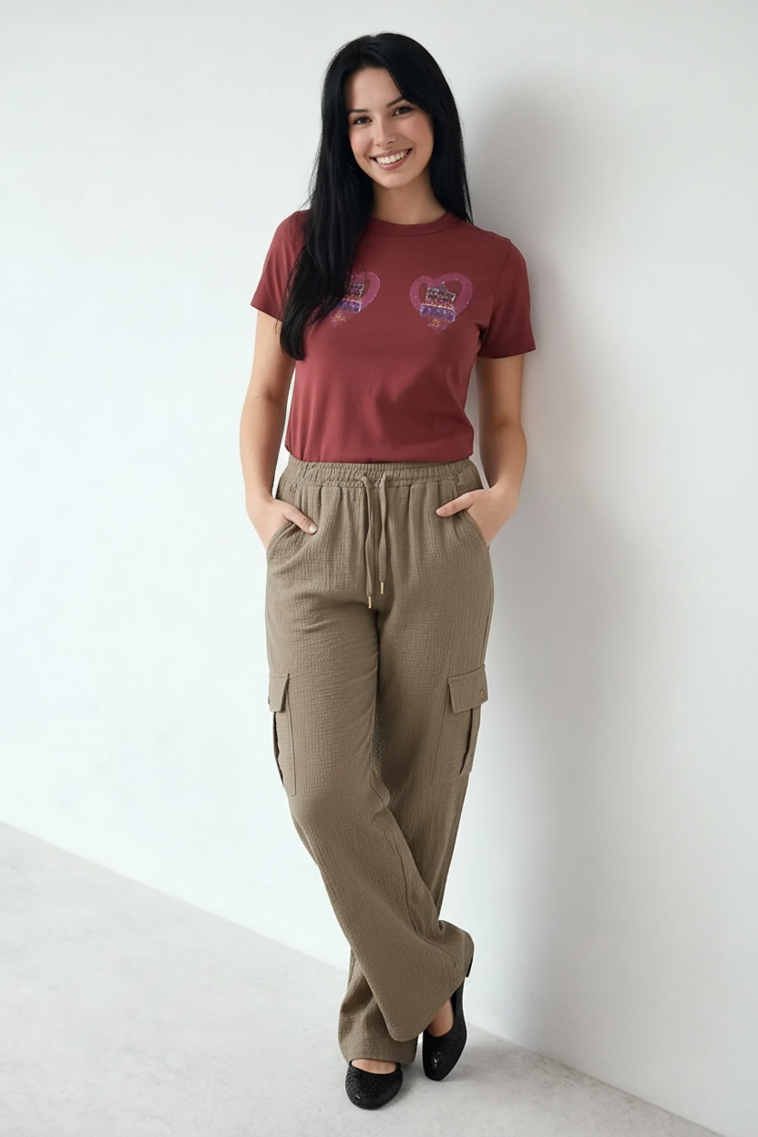 Women Sand Cotton Regular Fit Textured Cargos