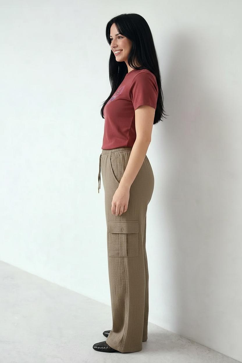 Women Sand Cotton Regular Fit Textured Cargos