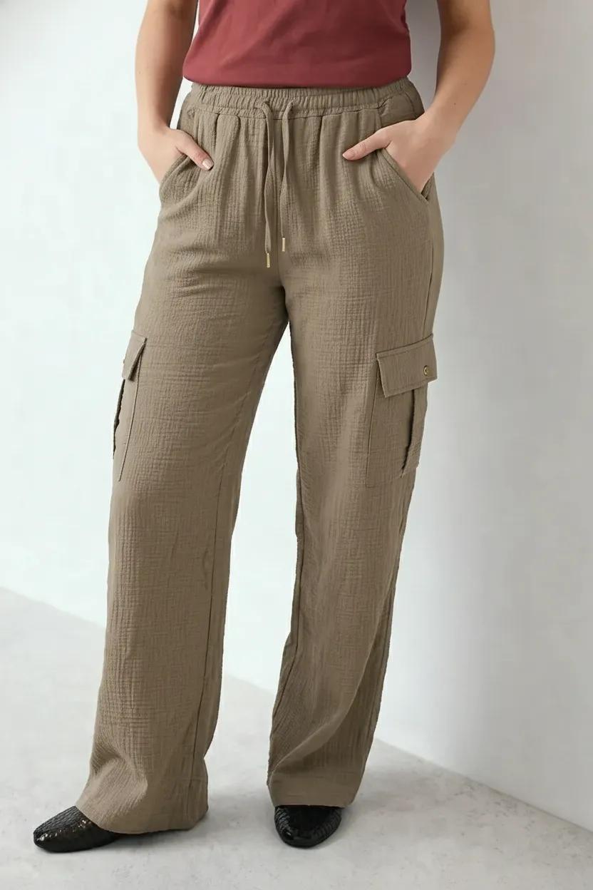 Women Sand Cotton Regular Fit Textured Cargos
