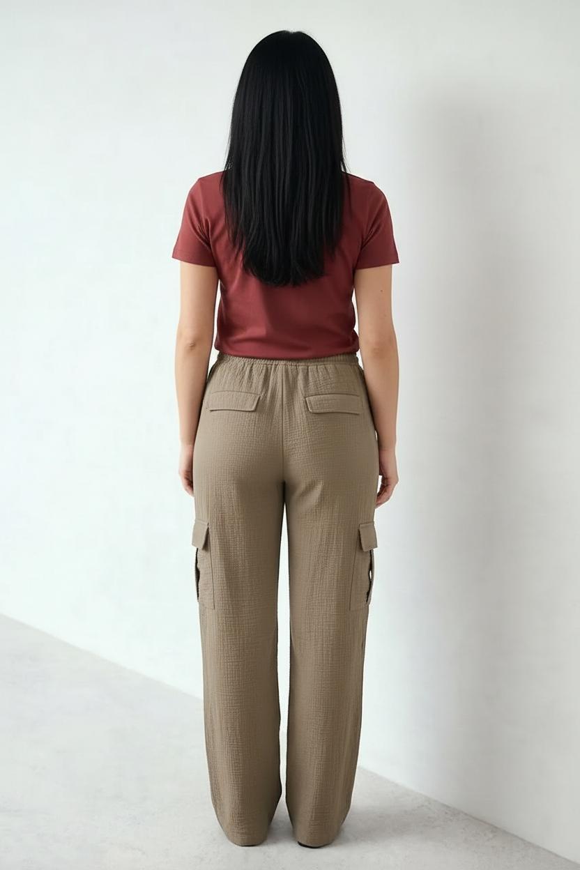 Women Sand Cotton Regular Fit Textured Cargos