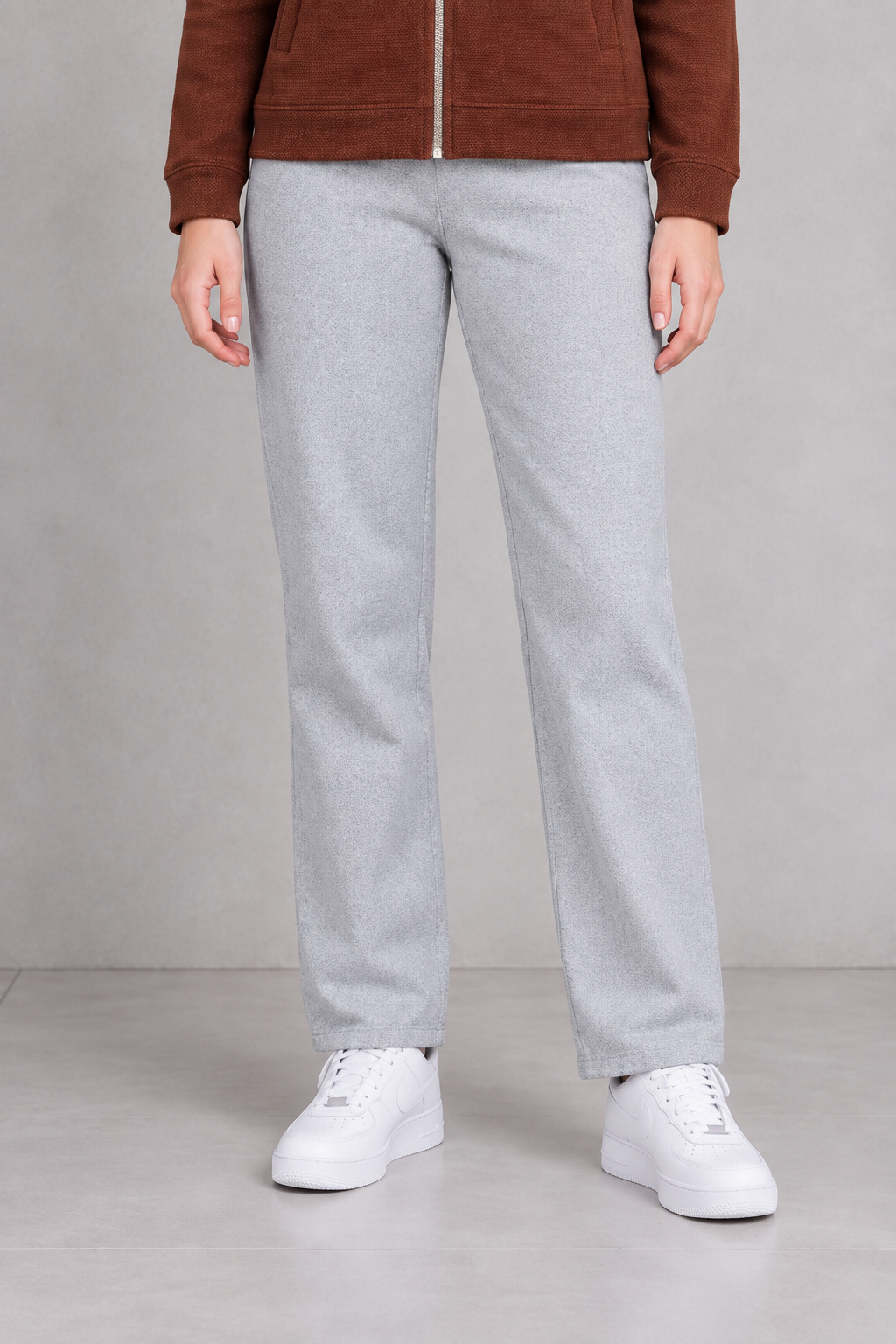 Women’s Grey Melange German Velvet Regular Fit Lower – Soft Winter Casual Pants