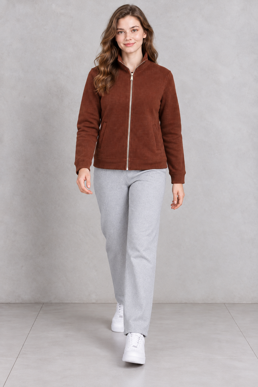 Women’s Grey Melange German Velvet Regular Fit Lower – Soft Winter Casual Pants