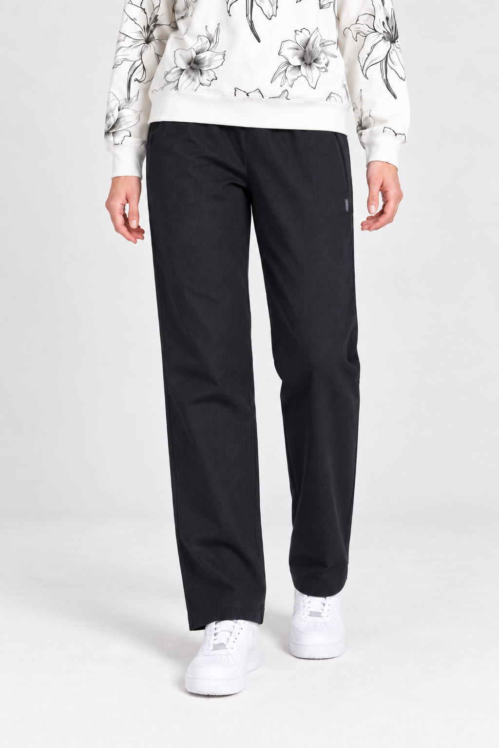 Women’s Black Brushed Seersucker Regular Fit Lower – Comfortable Knitted Casual Pants