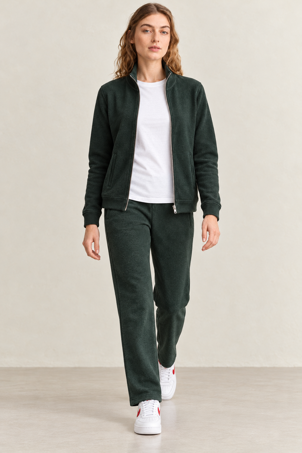 Women’s Bottle Green Knitted Straight-Leg Track Pants – Tracksuit Set Lower