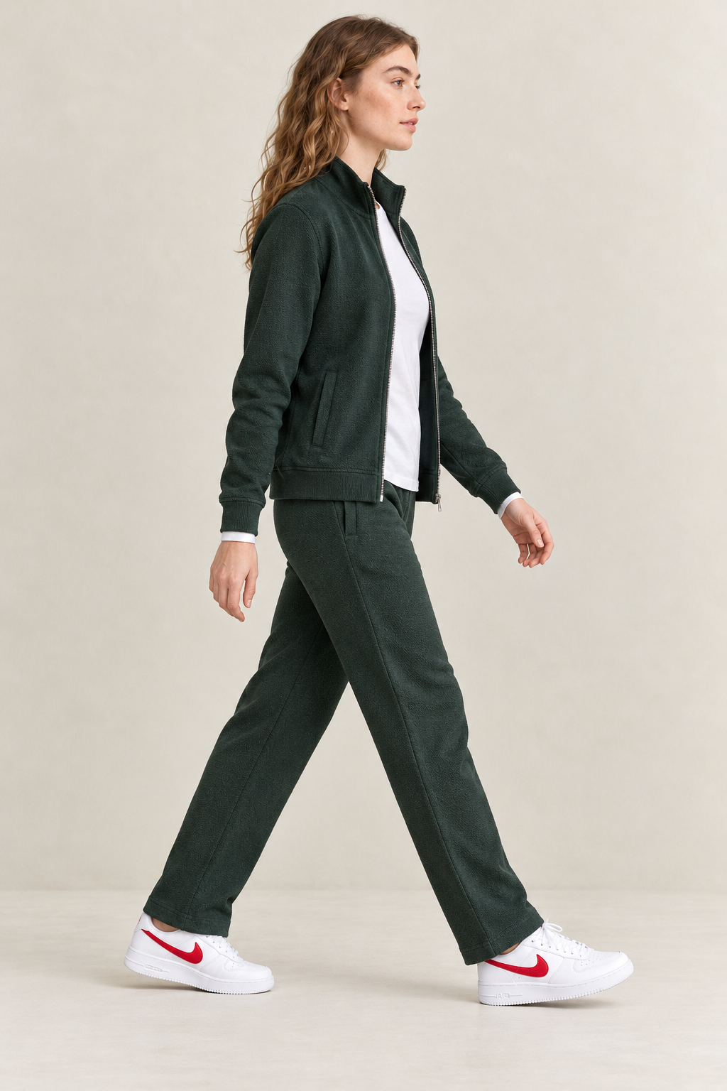 Women’s Bottle Green Knitted Straight-Leg Track Pants – Tracksuit Set Lower