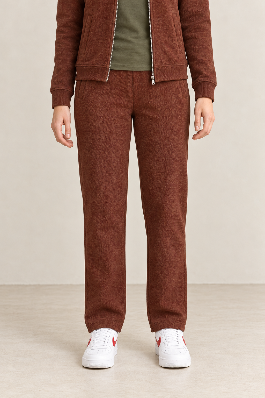 Women’s Deep Rust Knitted Straight-Leg Track Pants – Tracksuit Set Lower