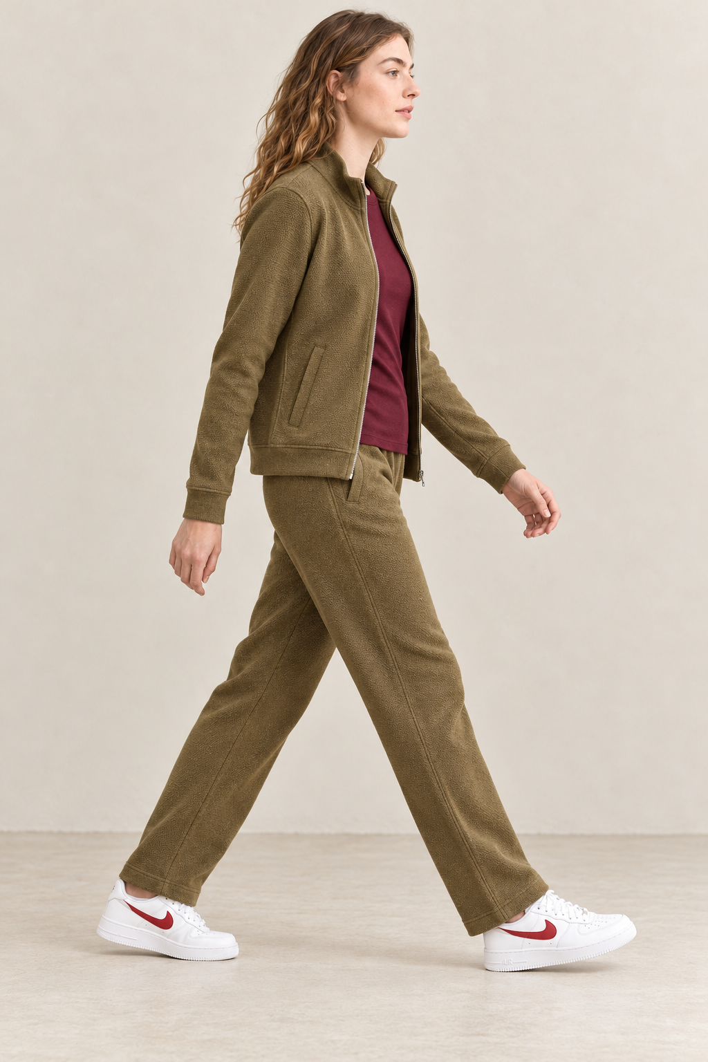 Women’s Khaki Knitted Straight-Leg Track Pants with Side Pockets – Tracksuit Set Lower